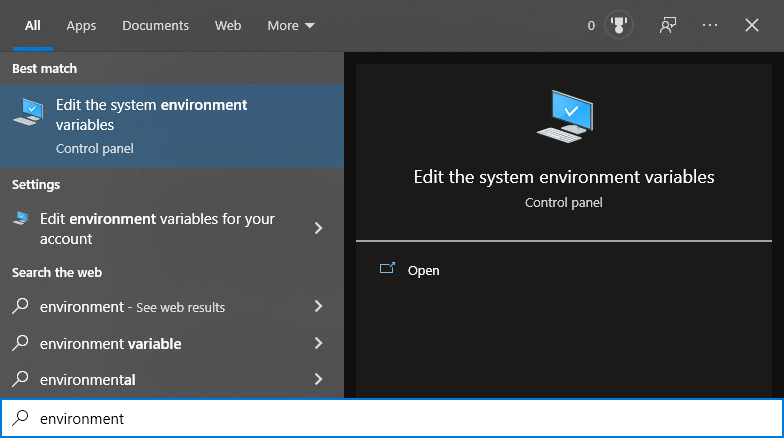 Windows Start menu showing the Edit the system environment variables shortcut