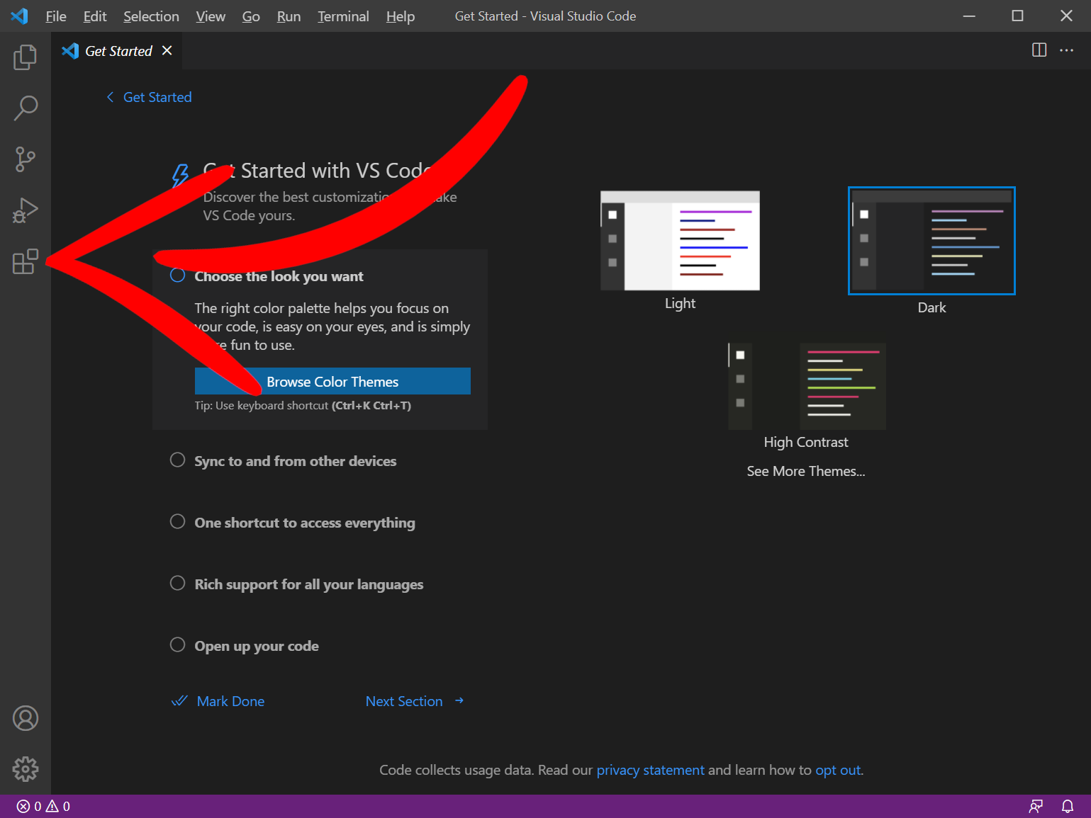 Start screen of VSCode with an arrowing pointing at the extensions button
