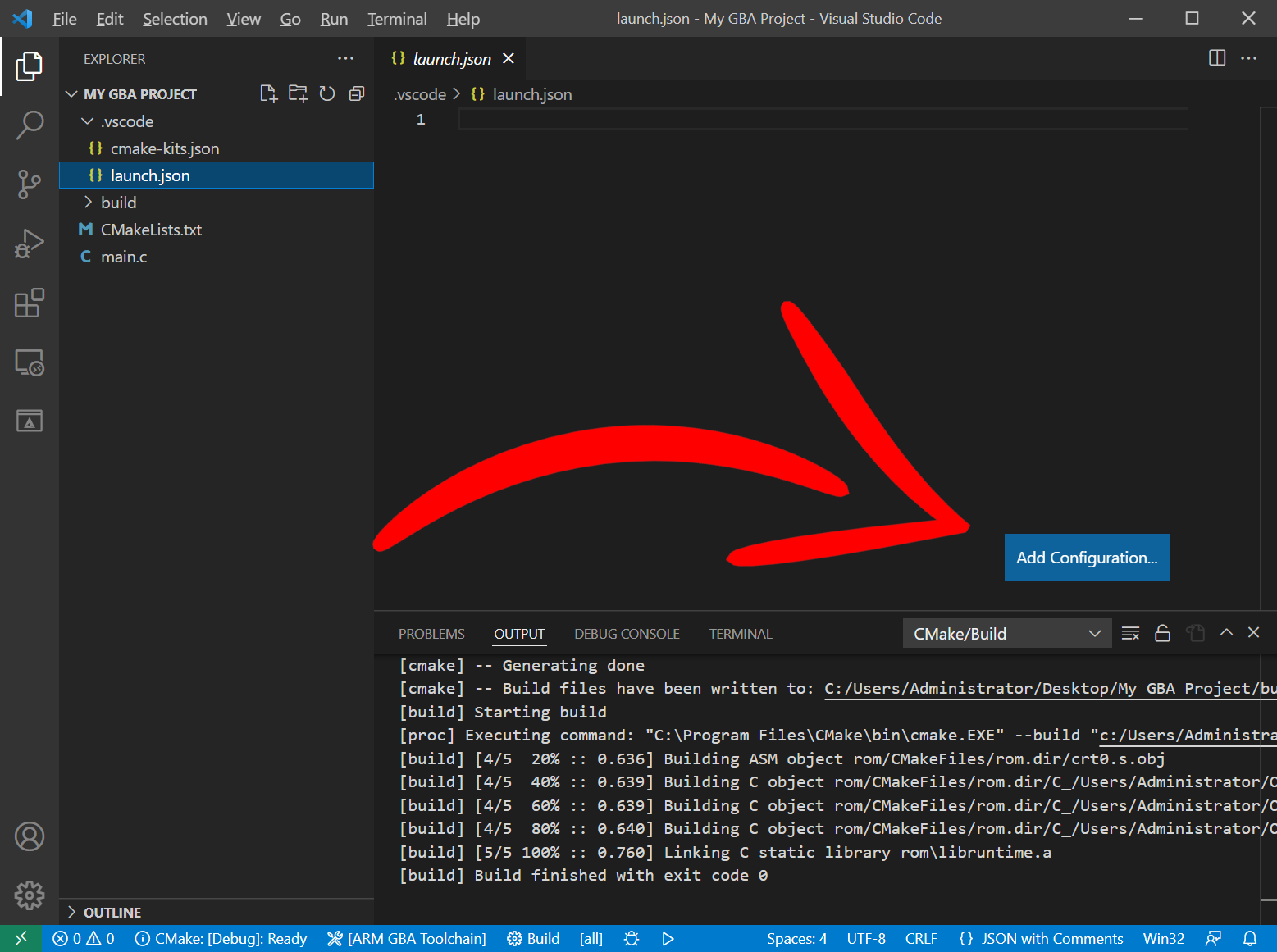 VSCode with launch.json selected and a red arrow pointing at Add Configuration