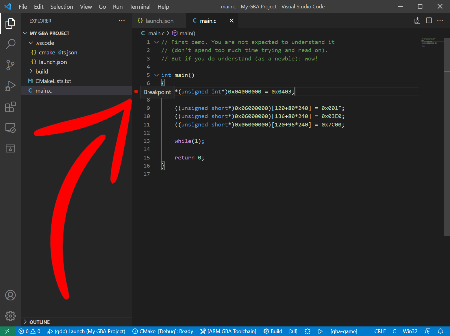 VSCode main.c with a breakpoint set