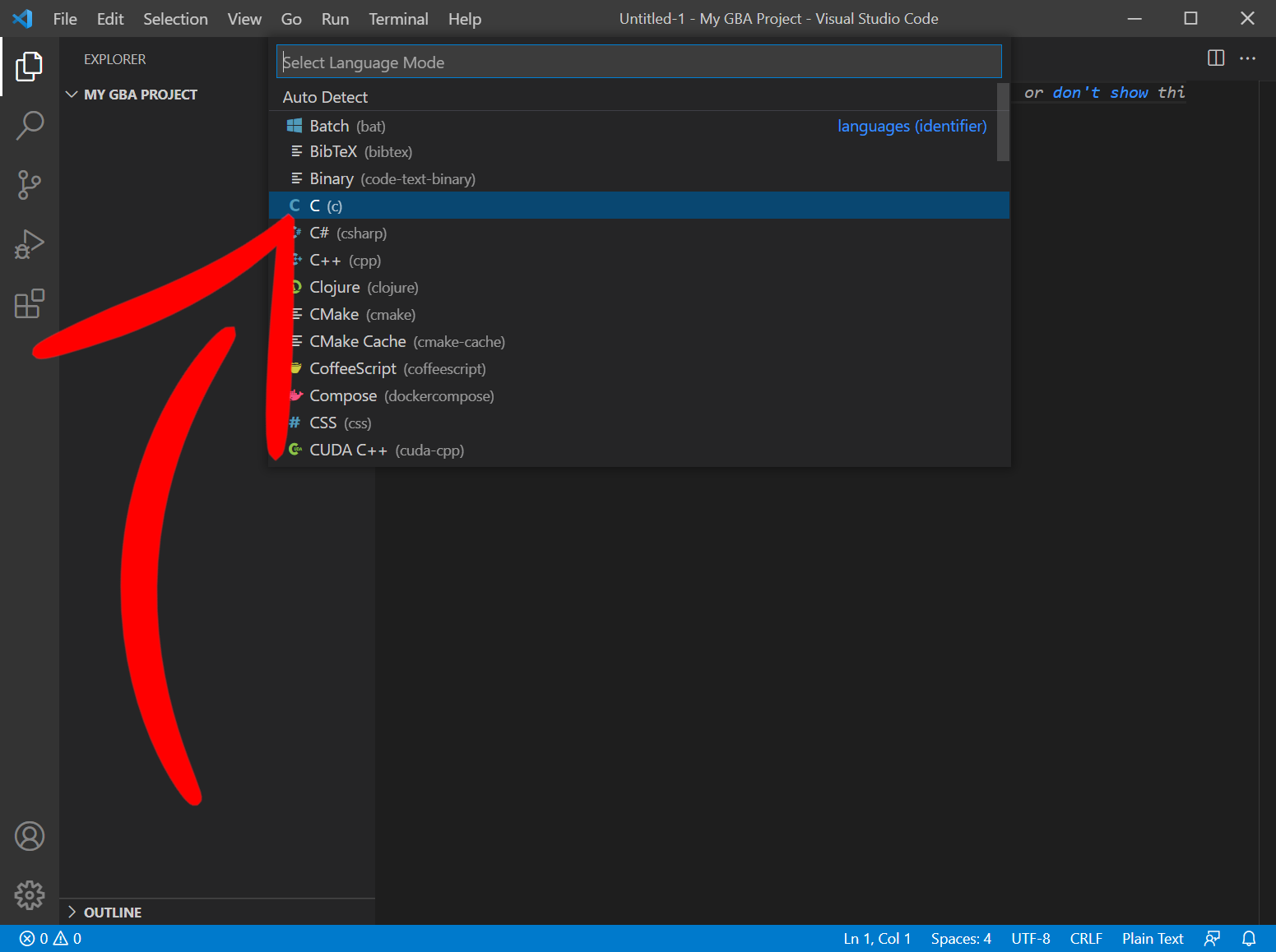 VSCode with the language selection open and a red arrow pointing at C