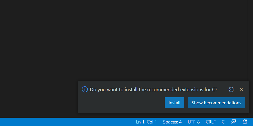 VSCode dialogue recommending an install of extensions for C