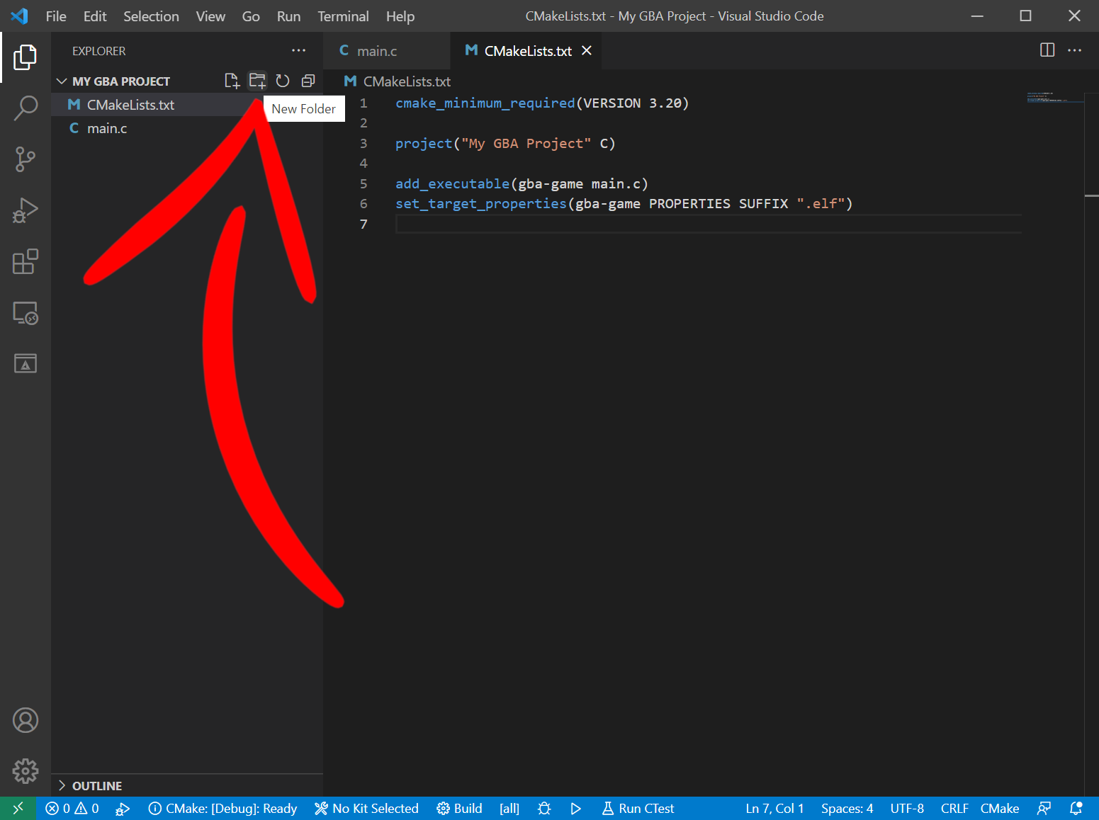 VSCode with a red arrow pointing at the New Folder button