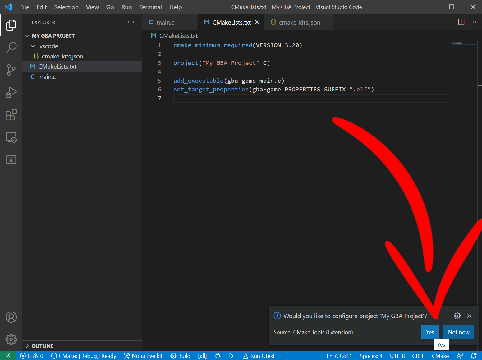 VSCode configure dialogue with a red arrow pointing at the Yes button